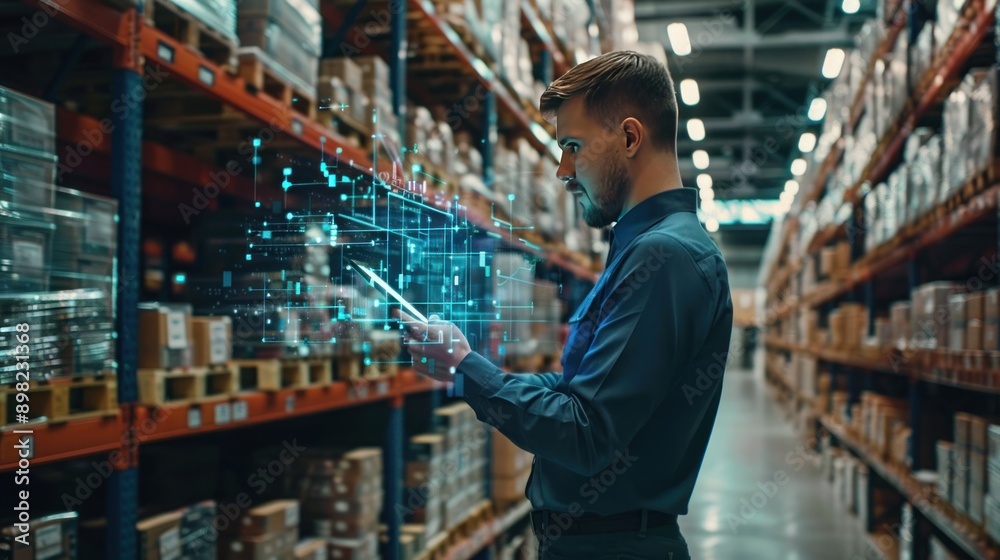 Future Technology Inventory: A male worker creates an inventory using an augmented reality application on a tablet. Man analyzing digital shipping data in distribution center Future Technology Inventory: A male worker creates an inventory using an augmented reality application on a tablet. Man analyzing digital shipping data in distribution center