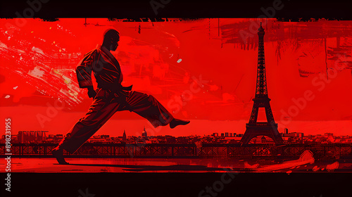 Karate: A minimalistic illustration of a karateka performing a high kick with the Eiffel Tower behind on a red background.


 photo