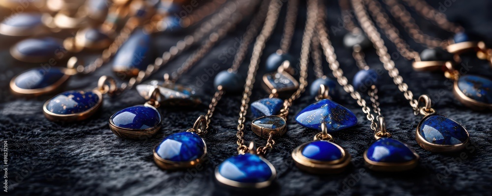 Visualize a banner showcasing a collection of lapis lazuli jewelry, elegantly laid out on a velvet background with room for copy Visualize a banner showcasing a collection of lapis lazuli jewelry, elegantly laid out on a velvet background with room for copy