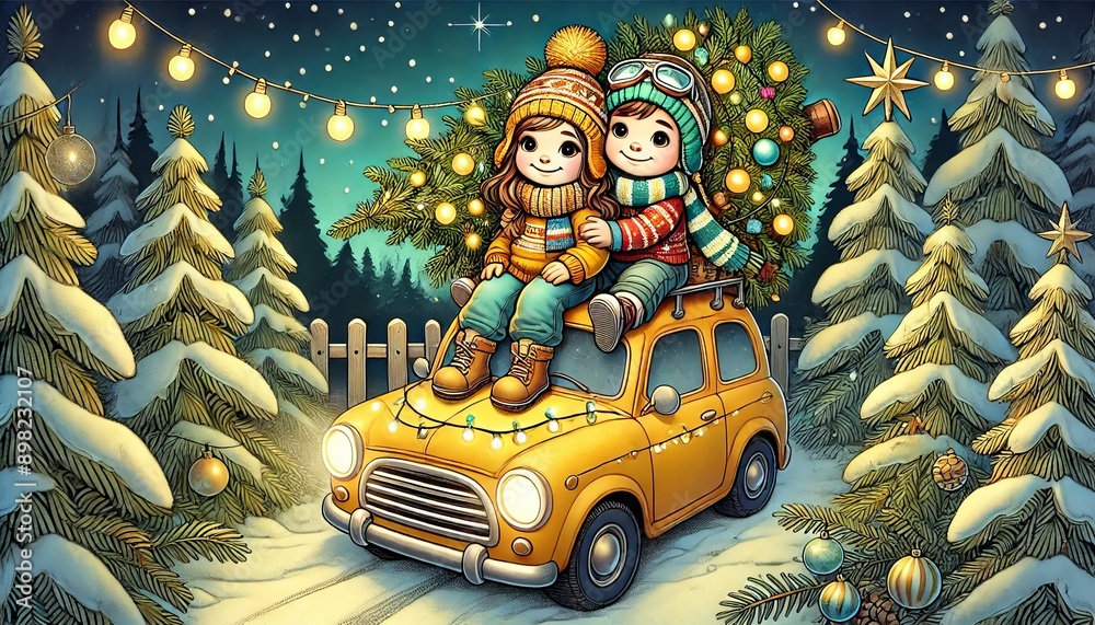 Two children sit joyfully on top of a yellow car, which is adorned with a beautifully decorated Christmas tree. The scene is set in a snowy forest under a starry night sky, illuminated by festive Two children sit joyfully on top of a yellow car, which is adorned with a beautifully decorated Christmas tree. The scene is set in a snowy forest under a starry night sky, illuminated by festive