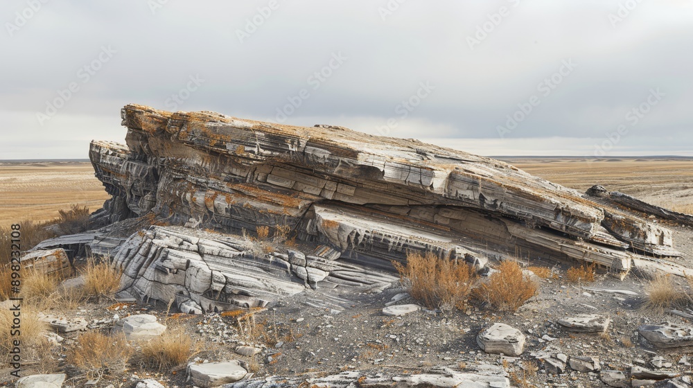 A sizable rock formation rises from a expansive, arid expanse of grass and soil The backdrop is graced by an overcast sky A sizable rock formation rises from a expansive, arid expanse of grass and soil The backdrop is graced by an overcast sky