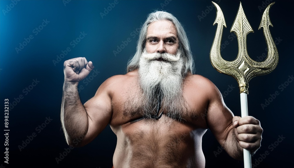 A stately man of sturdy build, adorned with a lush beard and wielding a trident, embodies Poseidon, the Greek mythological God of the Sea. His Roman counterpart is Neptune. A stately man of sturdy build, adorned with a lush beard and wielding a trident, embodies Poseidon, the Greek mythological God of the Sea. His Roman counterpart is Neptune.