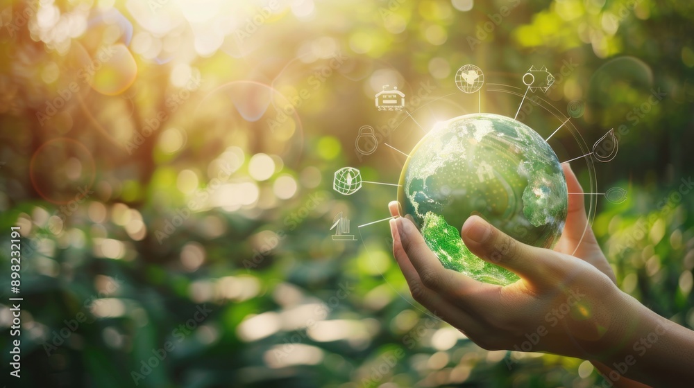 Human hands hold green earth with environmental icons. Save the earth. Sustainable environmental concept. Human hands hold green earth with environmental icons. Save the earth. Sustainable environmental concept.