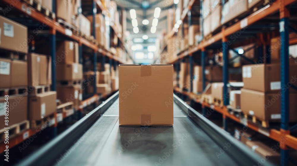 Cardboard box on conveyor belt in warehouse Cardboard box on conveyor belt in warehouse