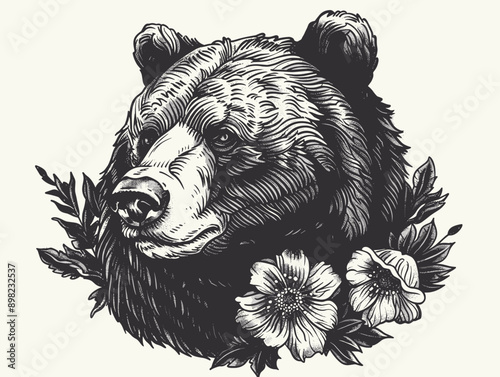 A bear with flowers around its face. The bear is black and white