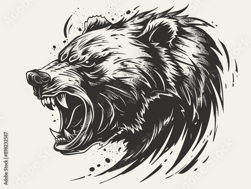 A bear with its mouth open and teeth bared. The bear is black and white. The bear is angry and ready to attack