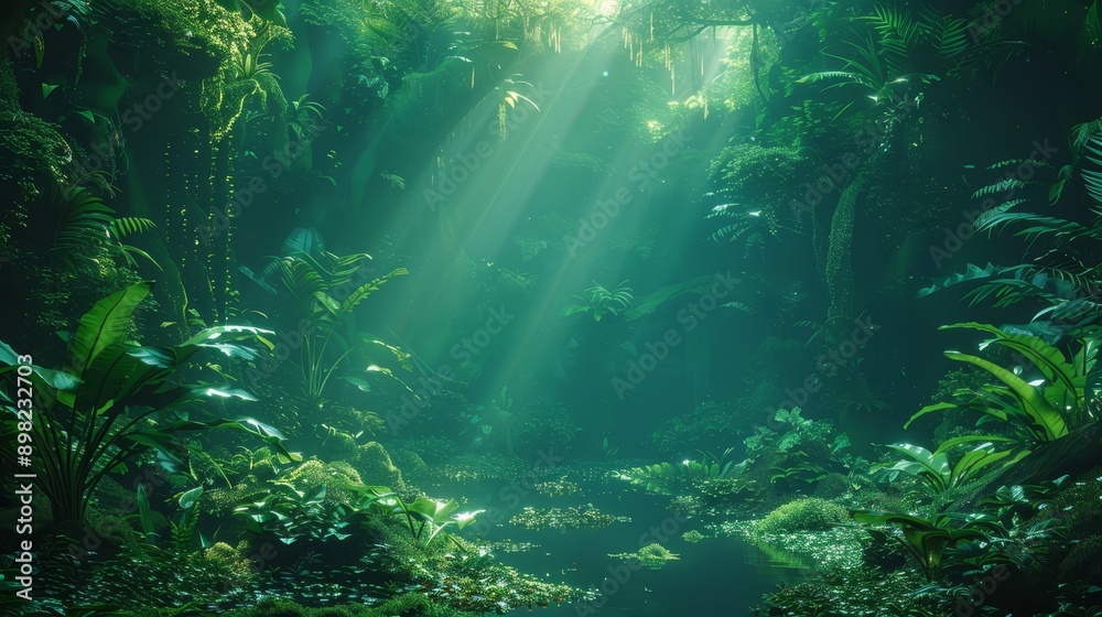 Fototapeta premium A forest teeming with numerous green plants, bathed in sunlight filtering through trees' leafy branches