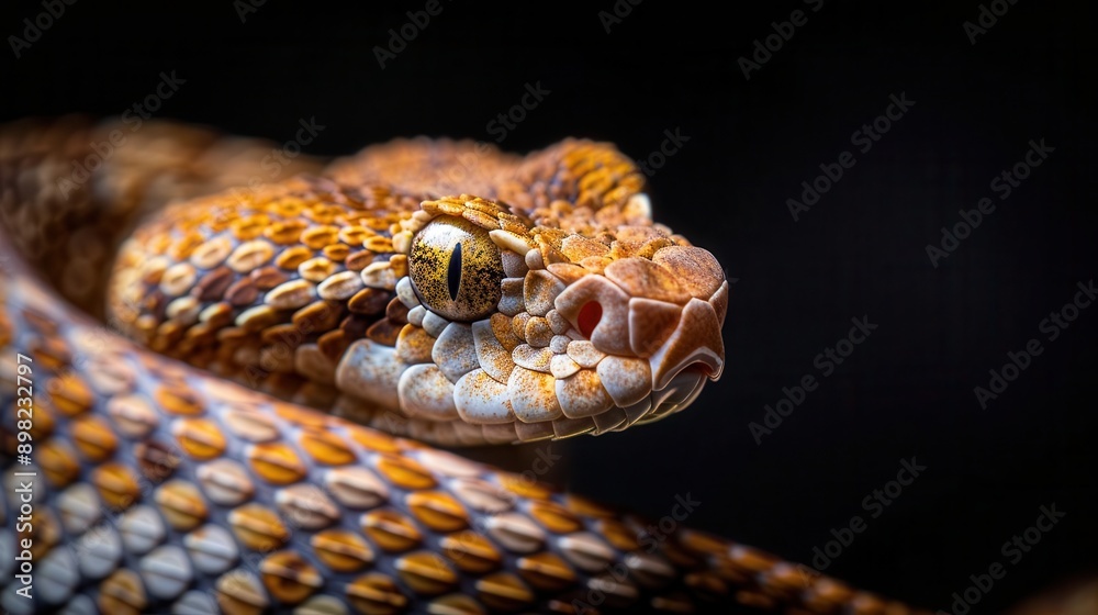 Fototapeta premium Visualize a rattlesnake in a striking pose, on a pure black background, with a horizontal layout for banner use and copy space
