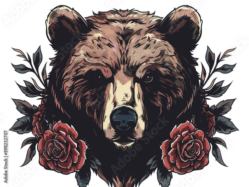 A bear with roses on its face. The bear is drawn in a way that it looks fierce and intimidating. The roses add a touch of elegance and beauty to the bear's face, making it look more approachable