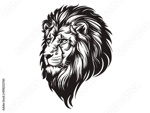 A lion with a mane is the main focus of the image. The lion is depicted in a bold and striking manner, with its mane flowing outwards and its eyes looking directly at the viewer