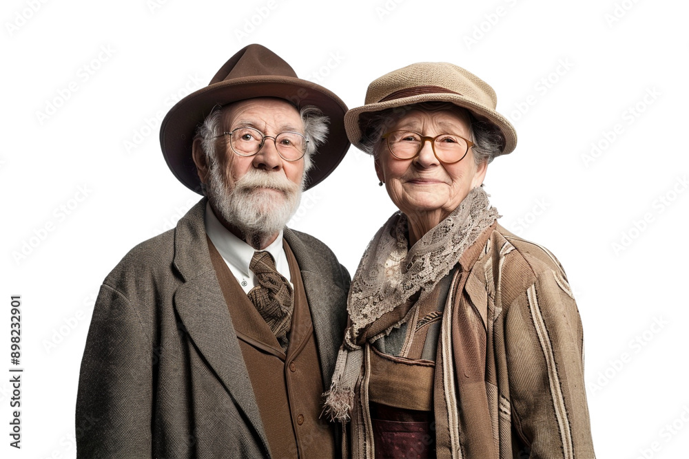 Fototapeta premium Happy grandparents wearing old fashioned clothes alone against transparent background