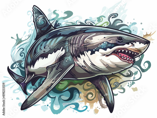 A shark is shown in a painting with its mouth open. The shark is surrounded by water and has a blue and white color scheme. The painting has a moody and intense feel, as the shark's mouth is open