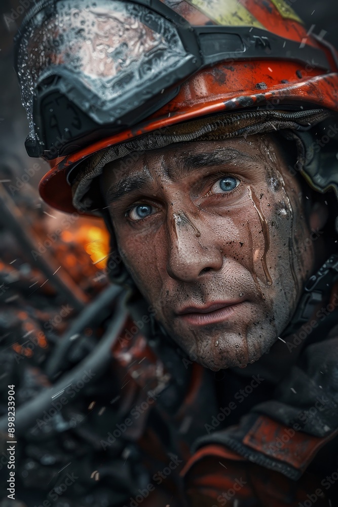 Close-up portrait of a firefighter rescuing a trapped person from debris, focused expression, hyper-realistic, high detail, photorealistic, emergency rescue, debris removal Close-up portrait of a firefighter rescuing a trapped person from debris, focused expression, hyper-realistic, high detail, photorealistic, emergency rescue, debris removal