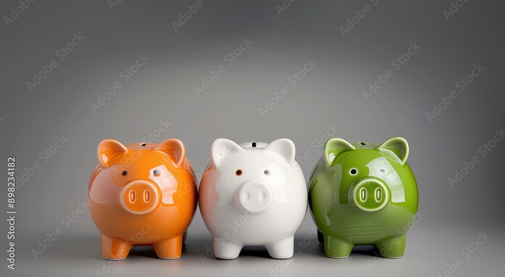 Three ceramic piggy banks in Indian flag colors on the floor against a gray background, cultural pride, Independence Day, Republic Day Three ceramic piggy banks in Indian flag colors on the floor against a gray background, cultural pride, Independence Day, Republic Day