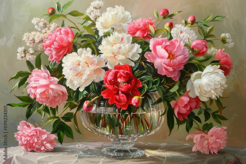 Obraz premium Peony bouquet in a crystal vase, Tabletop vase with pink flowers, AI generated