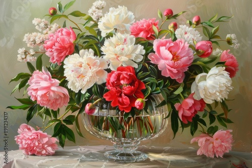 Peony bouquet in a crystal vase, Tabletop vase with pink flowers, AI generated