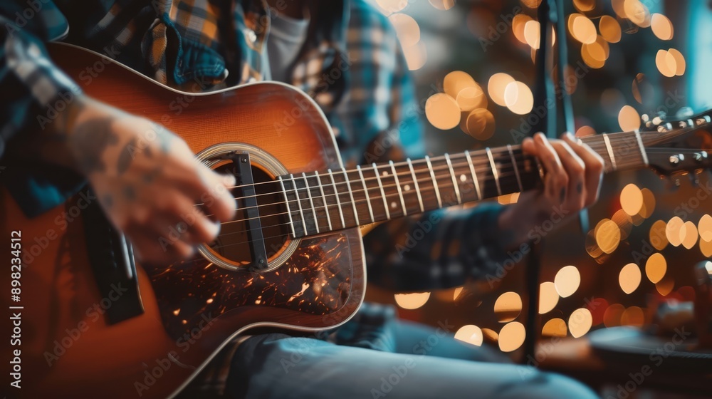 Fototapeta premium A man plays an acoustic guitar in front of a microphone and a Christmas tree adorned with lights