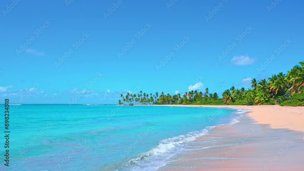 Big calm ocean waves on tropical Seychelles beach with palm trees. Turquoise sea and blue sky background. Tropical sea voyage. Summer vacation dreams. Beautiful uninhabited island. Big calm ocean waves on tropical Seychelles beach with palm trees. Turquoise sea and blue sky background. Tropical sea voyage. Summer vacation dreams. Beautiful uninhabited island.
