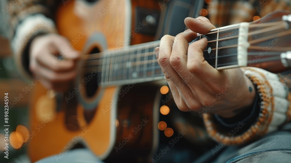 Fototapeta premium A tight shot of someone focusing on playing a guitar, background features a softly blurred figure also holding a guitar