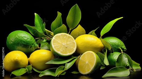 A pile of lemons and limes with green leaves