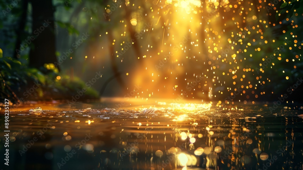 The sun brightly shines through trees, casting light on a body of water with a flowing stream The sun brightly shines through trees, casting light on a body of water with a flowing stream