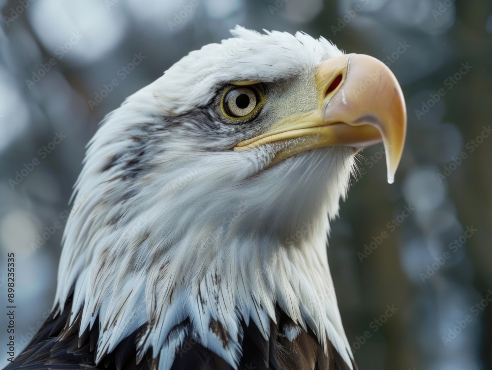 A clear image of a bald eagle's face with a blurred background A clear image of a bald eagle's face with a blurred background