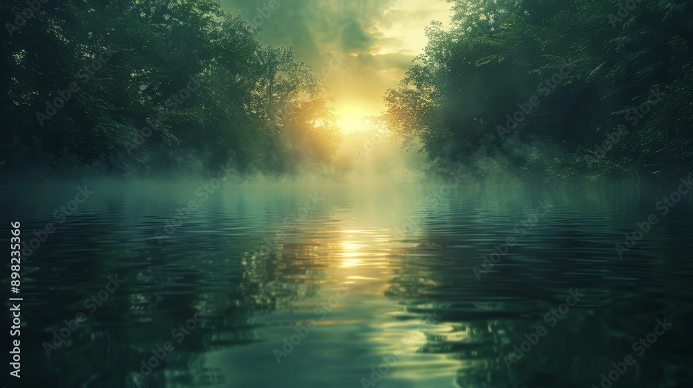 A body of water enclosed by trees, with the sun setting over its mirrored surface beyond A body of water enclosed by trees, with the sun setting over its mirrored surface beyond