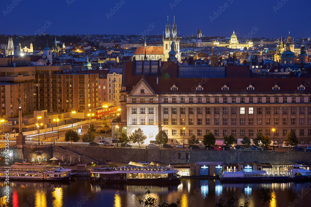 Naklejka premium Aerial cityscape evening view of Prague, capital of Czech Republic, view from Letna park