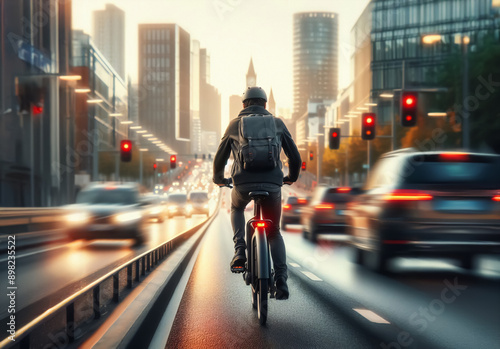 Radfahrer mit Rucksack, der durch den Stadtverkehr navigiert