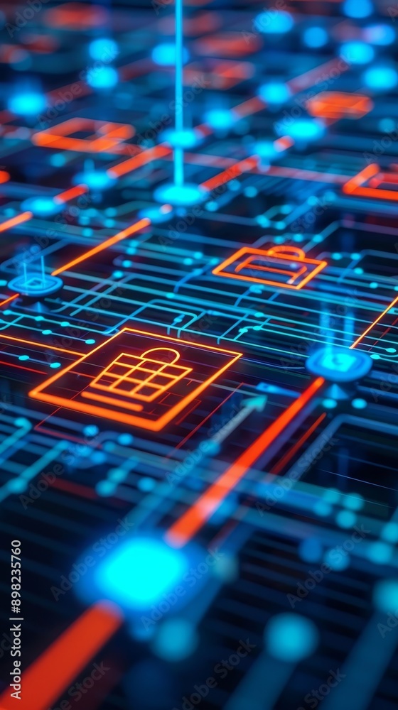 abstract digital network with glowing lines and security icons - modern futuristic technology concept. abstract digital network with glowing lines and security icons - modern futuristic technology concept.