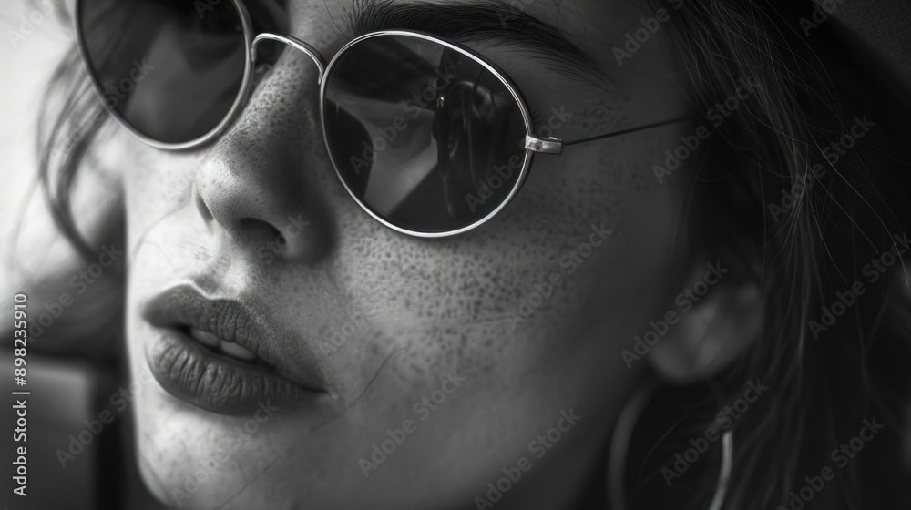 A close-up of someone wearing sunglasses and a hat, perfect for portraits or street scenes A close-up of someone wearing sunglasses and a hat, perfect for portraits or street scenes