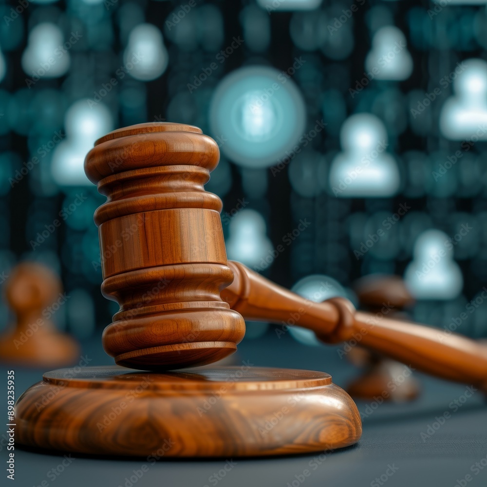 wooden gavel and sound block on a black surface with blurred digital background of blue and white icons of people, circles and numbers, concept for digital law and legal technology wooden gavel and sound block on a black surface with blurred digital background of blue and white icons of people, circles and numbers, concept for digital law and legal technology