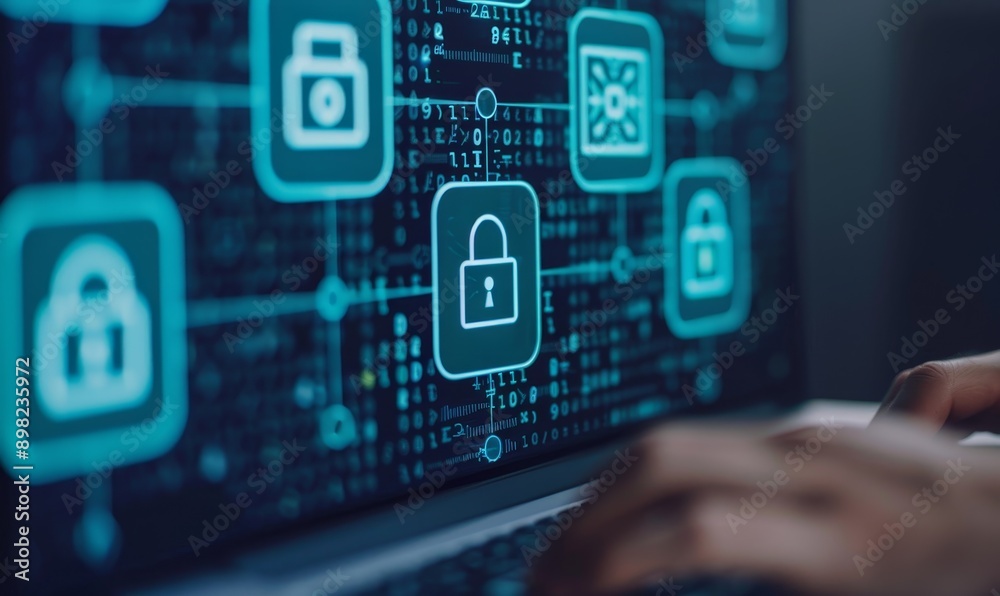 cybersecurity concept with laptop, digital lock icons, and binary code on screen. cybersecurity concept with laptop, digital lock icons, and binary code on screen.