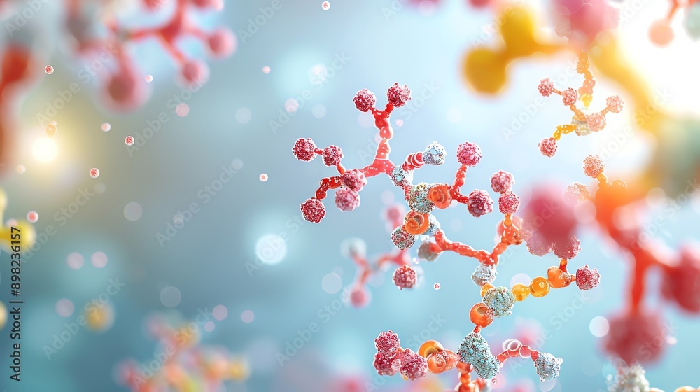 Abstract molecular structure with colorful elements, representing scientific research, biology, and chemistry in vibrant detail.