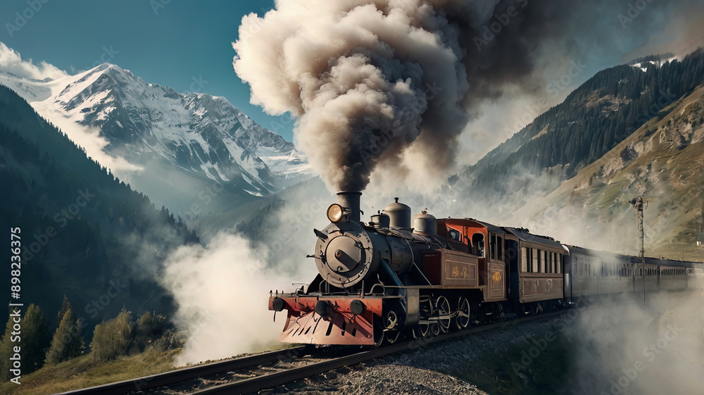 Fototapeta premium An old retro train in clouds of smoke against the backdrop of the Alpine mountains. AI