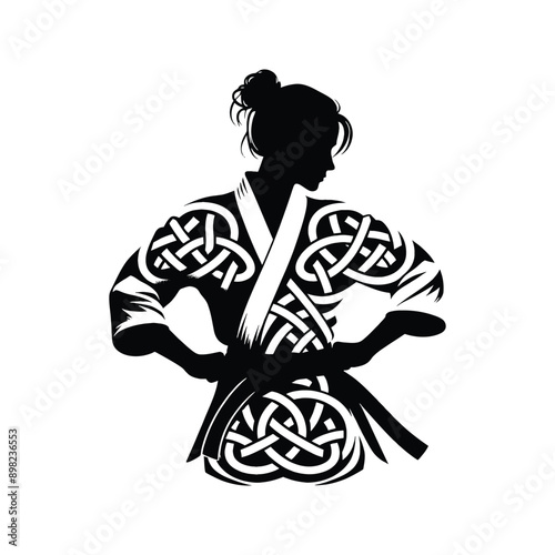 Judo , martial art ,  Karate , Taekwondo  female player in celtic knot pattern illustration, emblem shield badge