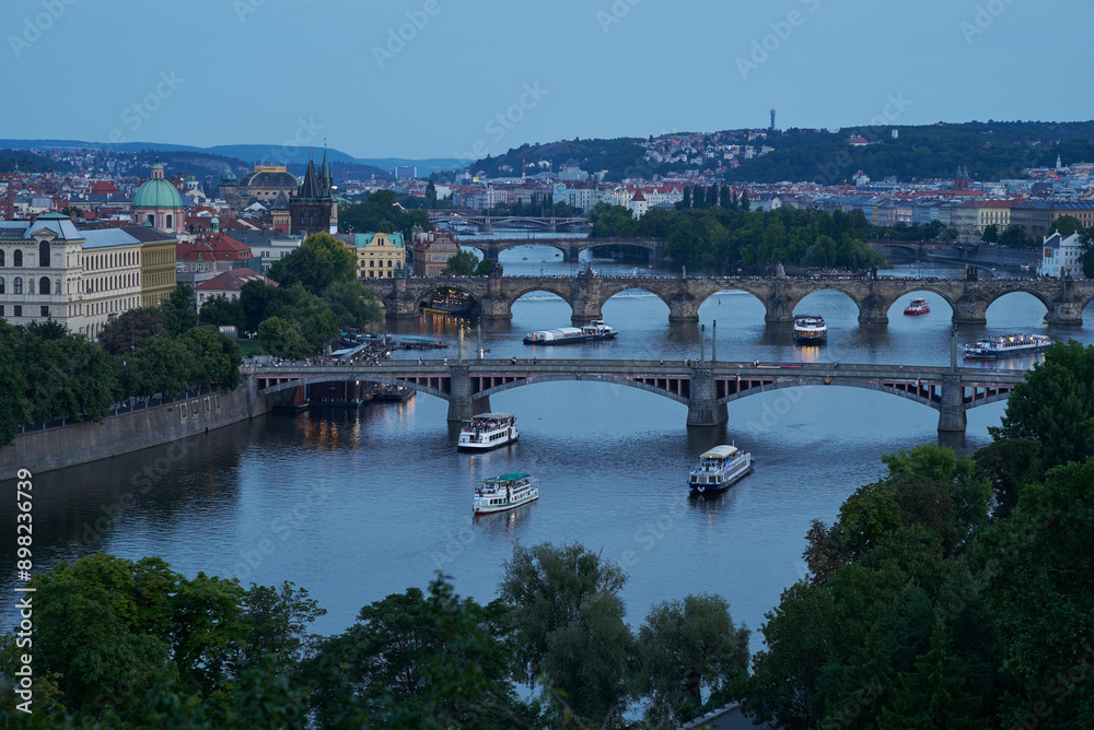 Fototapeta premium Aerial cityscape evening view of Prague, capital of Czech Republic, view from Letna park