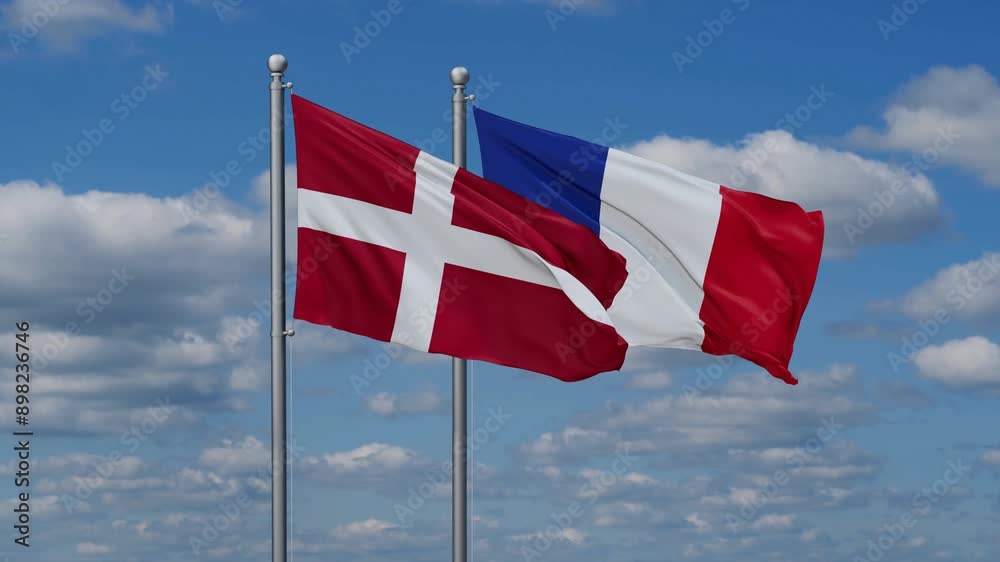 France and Denmark flags waving together, looped video, two country relations concept