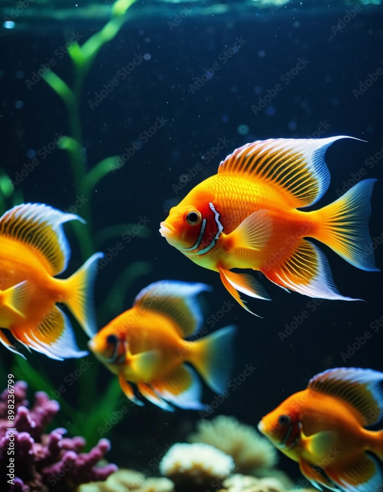 Colorful fish swim gracefully in a well-lit aquarium. The tank is decorated with coral, plants, and gravel, creating a vibrant underwater scene. Undersea world. Aquariums as a hobby. AI generated Colorful fish swim gracefully in a well-lit aquarium. The tank is decorated with coral, plants, and gravel, creating a vibrant underwater scene. Undersea world. Aquariums as a hobby. AI generated