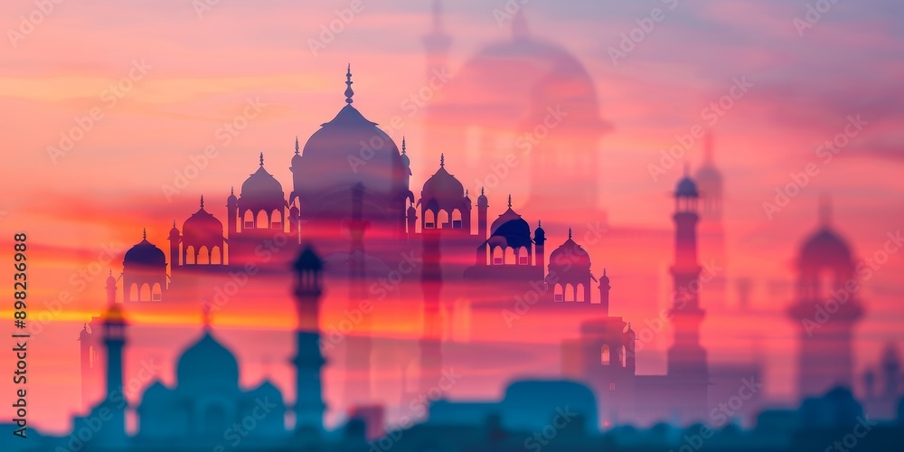 Obraz premium mystical silhouette of mosques at sunset with a dreamy reflection on water.
