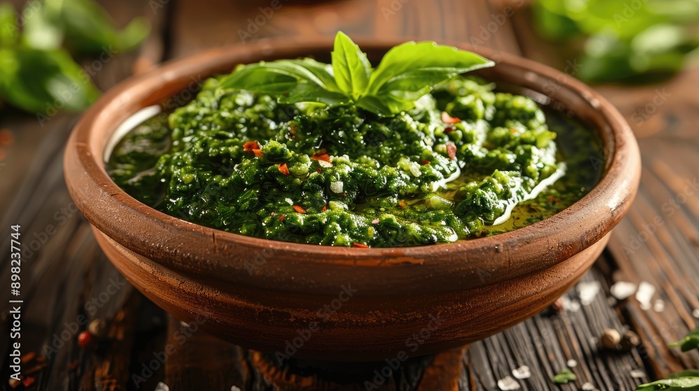 A close-up of a bowl of fresh pesto. This image is perfect for promoting Italian cuisine or healthy eating. A close-up of a bowl of fresh pesto. This image is perfect for promoting Italian cuisine or healthy eating.
