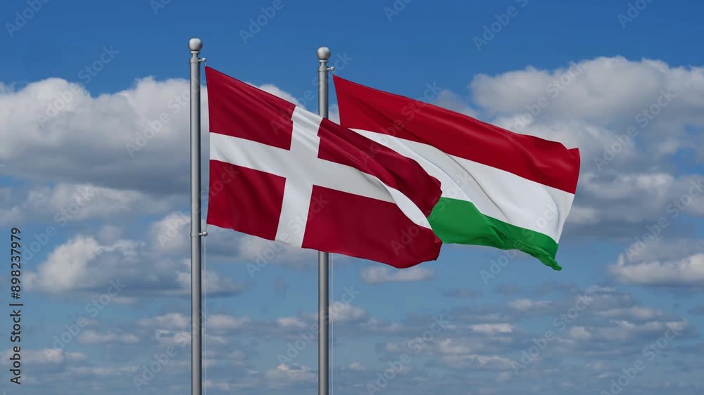Hungary and Denmark flags flying together, video concept of the relationship, two country relations concept Hungary and Denmark flags flying together, video concept of the relationship, two country relations concept