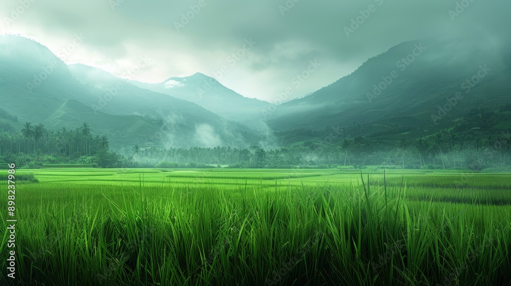 Fototapeta premium A lush, green field precedes mist-shrouded mountain ranges, featuring aforementioned grass in the foreground