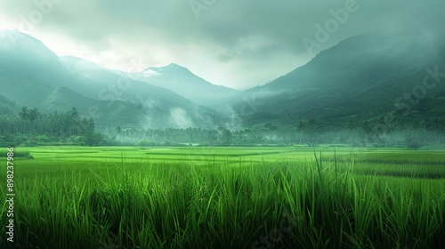  A lush, green field precedes mist-shrouded mountain ranges, featuring aforementioned grass in the foreground photo