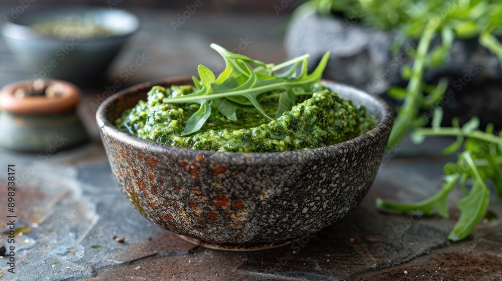 A bowl of fresh pesto with arugula. This image is perfect for food blogs, recipes, and cooking articles. A bowl of fresh pesto with arugula. This image is perfect for food blogs, recipes, and cooking articles.