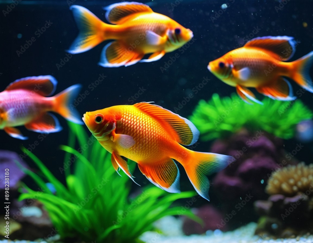 Colorful fish swim gracefully in a well-lit aquarium. The tank is decorated with coral, plants, and gravel, creating a vibrant underwater scene. Undersea world. Aquariums as a hobby. AI generated Colorful fish swim gracefully in a well-lit aquarium. The tank is decorated with coral, plants, and gravel, creating a vibrant underwater scene. Undersea world. Aquariums as a hobby. AI generated