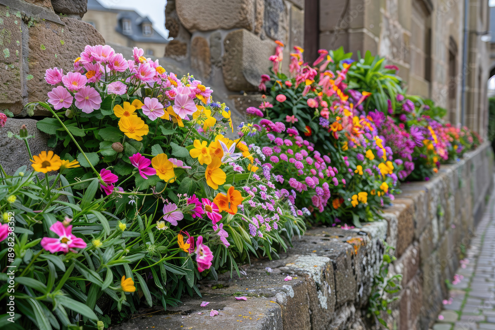 Colorful flowers line the walls of SaintMalo enhancing the historic architecture Colorful flowers line the walls of SaintMalo enhancing the historic architecture