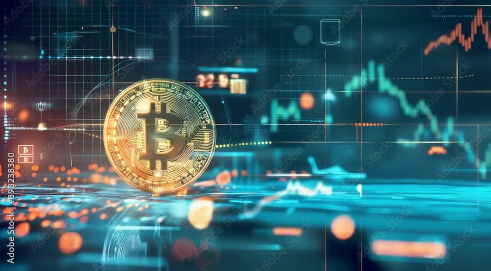 Gold coins Bitcoin BTC rotating on the background of the graph. Digital coin btc money cryptocurrency on bitcoin farm in digital cyberspace. Virtual Internet Cryptocurrency and Digital Payment System