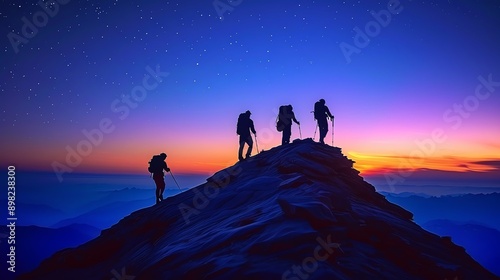Hikers on mountain peak at sunrise.