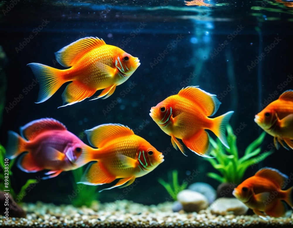 Colorful fish swim gracefully in a well-lit aquarium. The tank is decorated with coral, plants, and gravel, creating a vibrant underwater scene. Undersea world. Aquariums as a hobby. AI generated Colorful fish swim gracefully in a well-lit aquarium. The tank is decorated with coral, plants, and gravel, creating a vibrant underwater scene. Undersea world. Aquariums as a hobby. AI generated